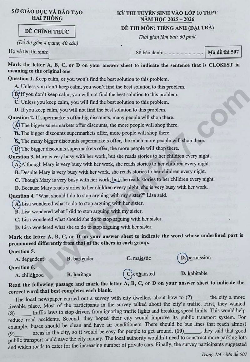 Đ&aacute;p &aacute;n đề thi tuyển sinh lớp 10 m&ocirc;n Tiếng Anh Hải Ph&ograve;ng năm 2025- Ảnh 3.