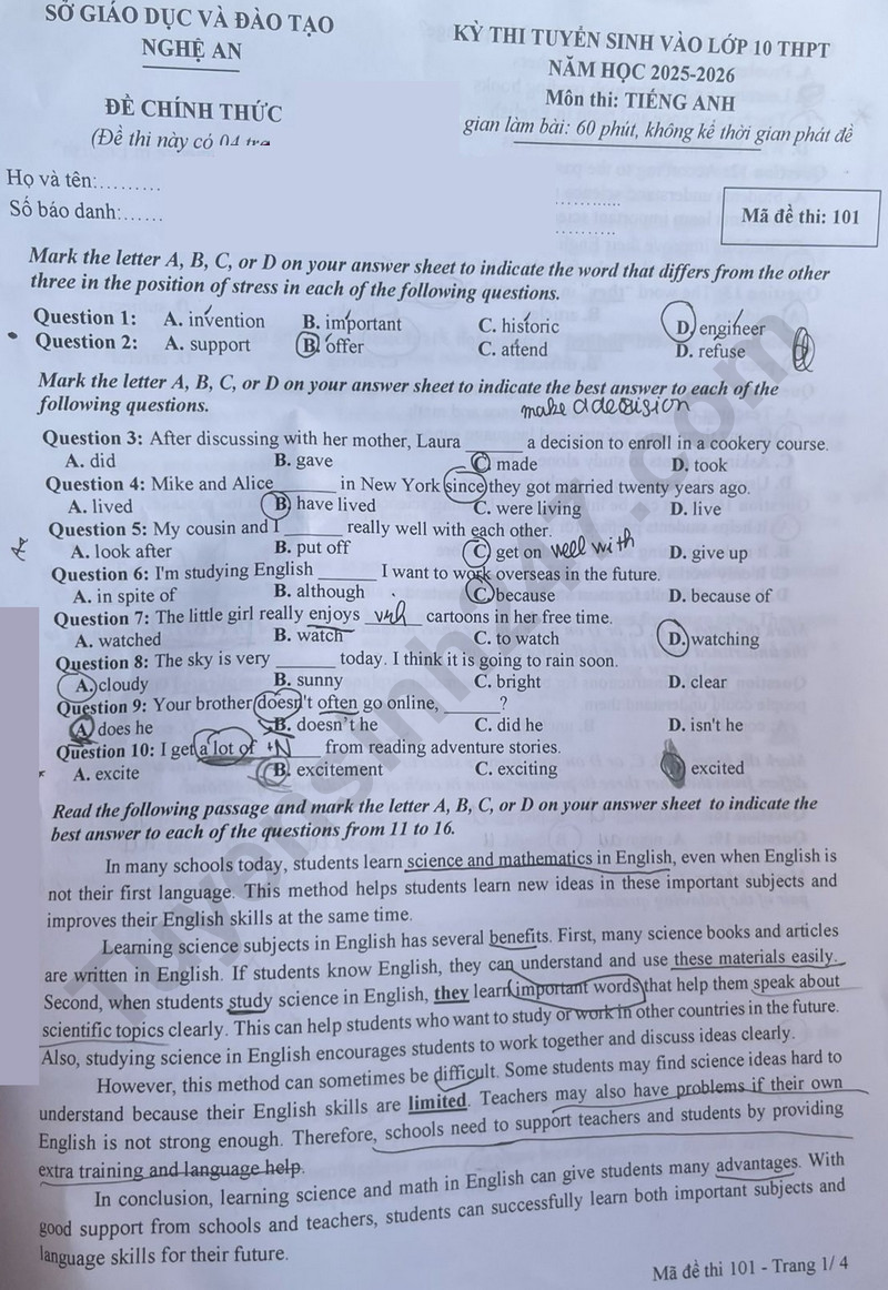 Đ&aacute;p &aacute;n đề thi tuyển sinh lớp 10 m&ocirc;n Tiếng Anh Nghệ An năm 2025- Ảnh 3.