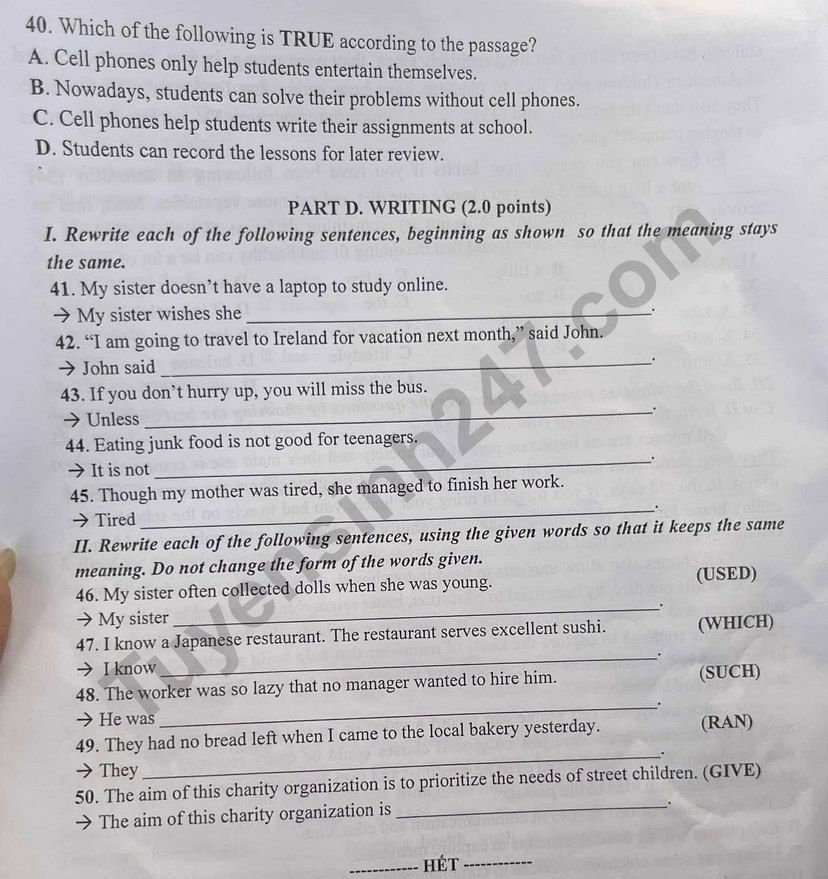 Đ&aacute;p &aacute;n đề thi tuyển sinh lớp 10 m&ocirc;n Tiếng Anh Thanh H&oacute;a năm 2025- Ảnh 6.