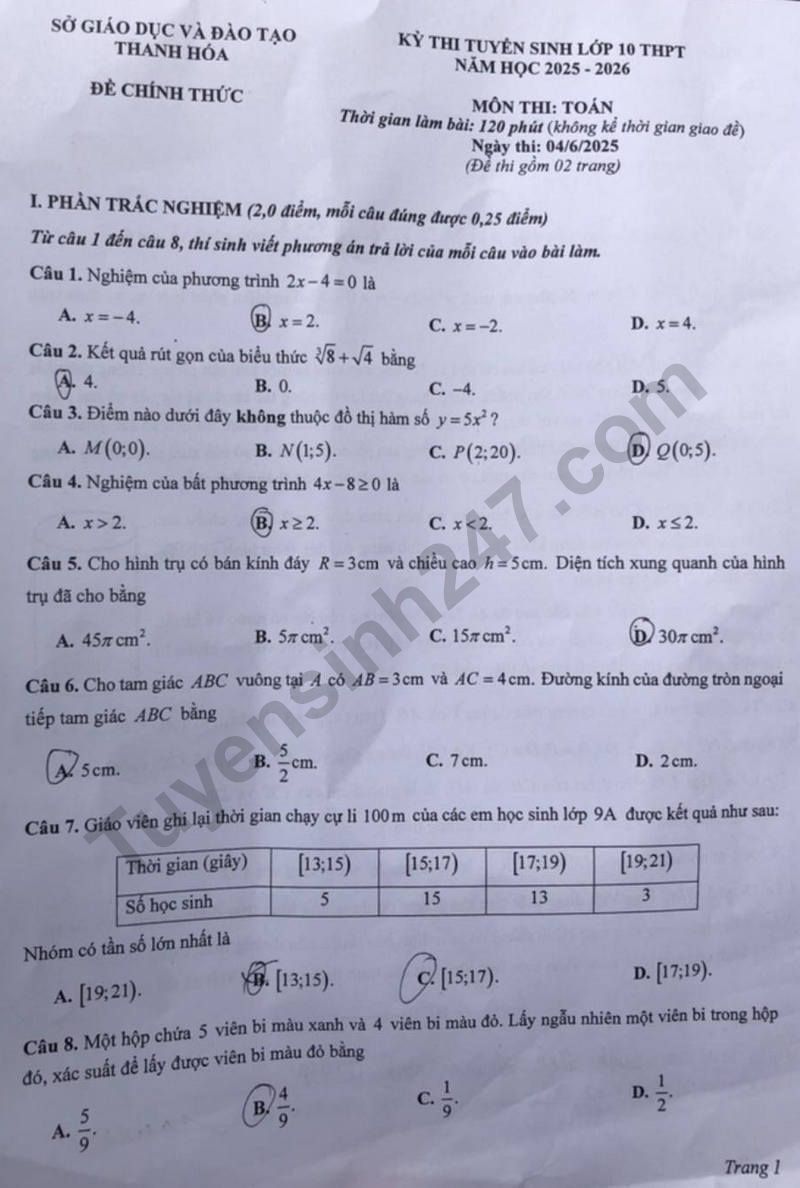 Đáp án đề thi tuyển sinh lớp 10 môn Toán Thanh Hóa năm 2025- Ảnh 2. Đáp án đề thi tuyển sinh lớp 10 môn Toán Thanh Hóa năm 2025- Ảnh 2.