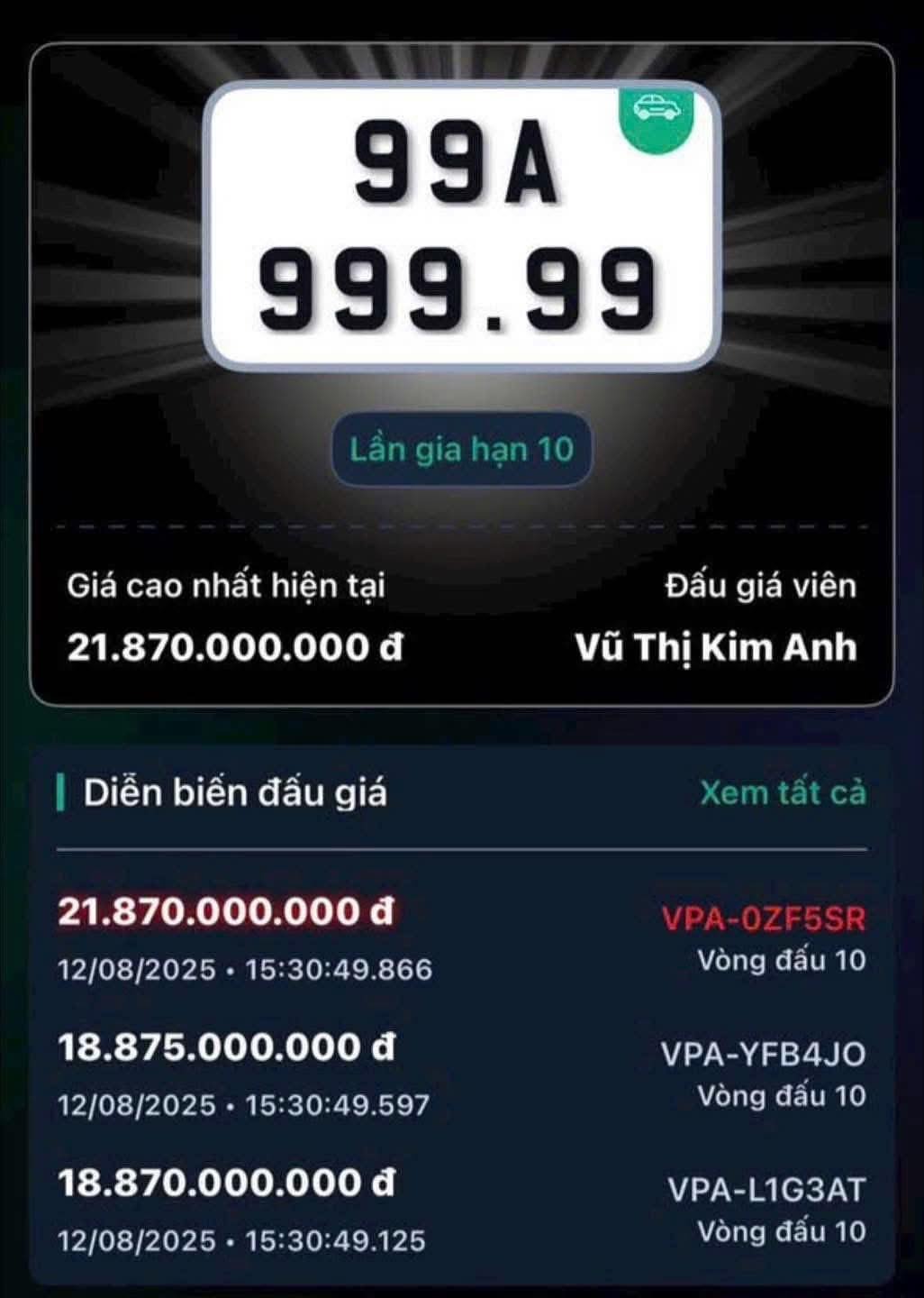 Biển số &ocirc; t&ocirc; "ngũ qu&yacute;" 99A-999.99 tr&uacute;ng đấu gi&aacute; với gần 22 tỷ đồng- Ảnh 1.