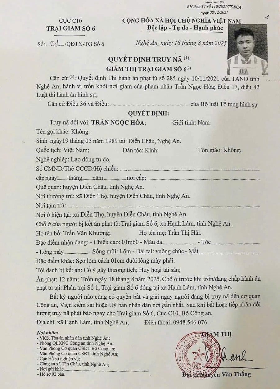 Đặc điểm nhận dạng phạm nh&acirc;n vừa trốn khỏi trại giam số 6 ở Nghệ An- Ảnh 2.