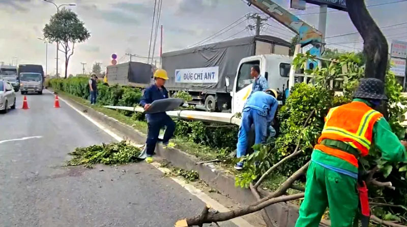 Hiện trường vụ xe &ocirc; t&ocirc; lao l&ecirc;n dải ph&acirc;n c&aacute;ch, t&ocirc;ng g&atilde;y trụ đ&egrave;n giao th&ocirc;ng.