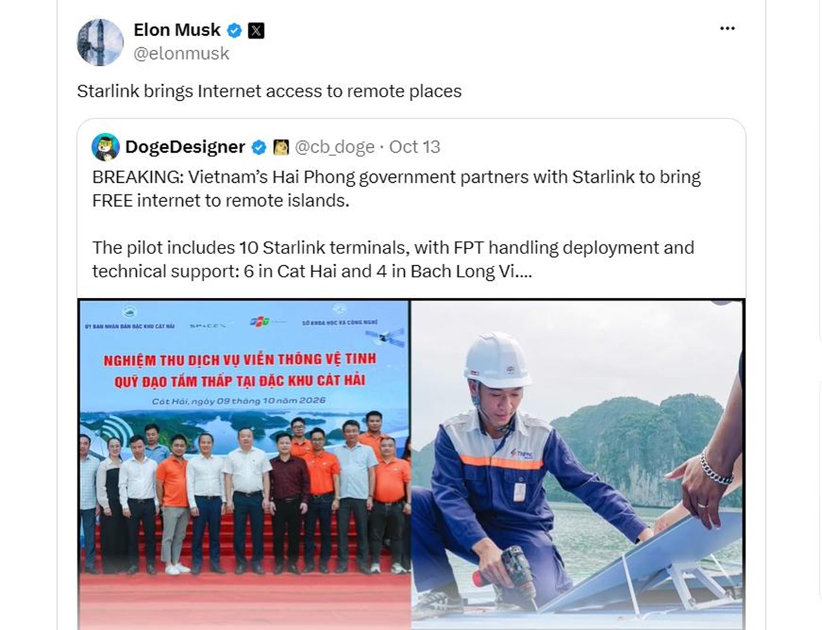Tỷ ph&uacute; Elon Musk chia sẻ th&ocirc;ng tin Hải Ph&ograve;ng lắp đặt Internet vệ tinh Starlink tại đảo- Ảnh 1.