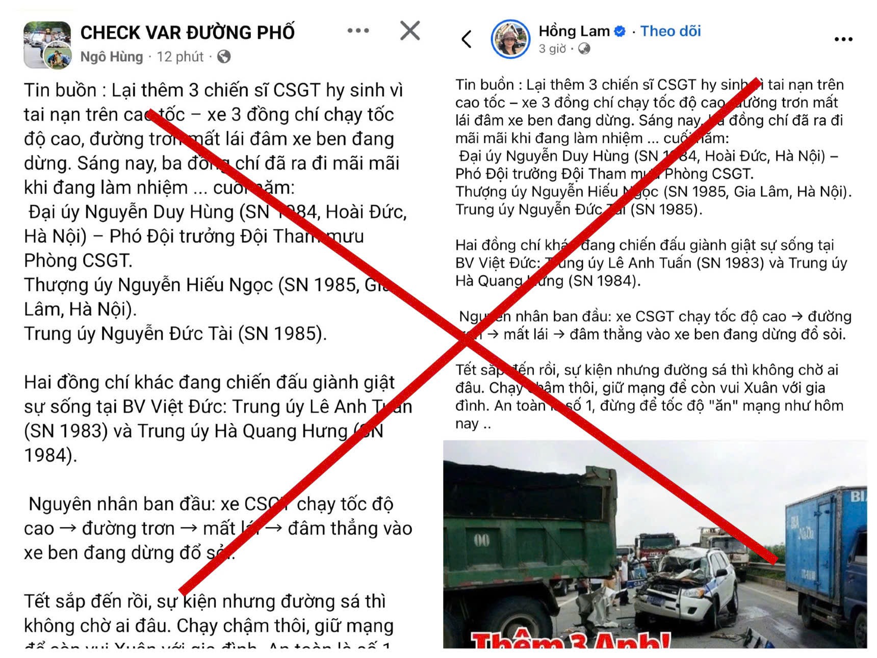 C&ocirc;ng an H&agrave; Nội b&aacute;c bỏ th&ocirc;ng tin "th&ecirc;m 3 chiến sĩ CSGT hy sinh tr&ecirc;n cao tốc"- Ảnh 1.