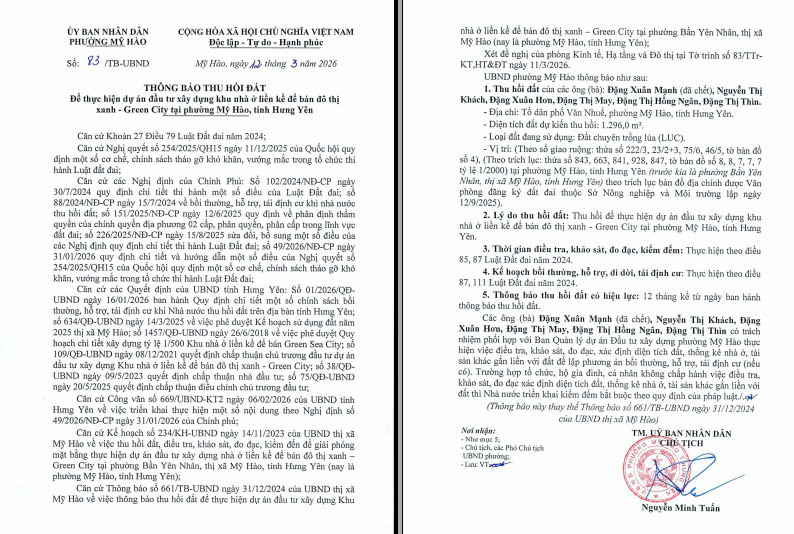 UBND phường Mỹ Hào (Hưng Yên): Thông báo thu hồi đất (lần 1)- Ảnh 1. UBND phường Mỹ Hào (Hưng Yên): Thông báo thu hồi đất (lần 1)- Ảnh 1.