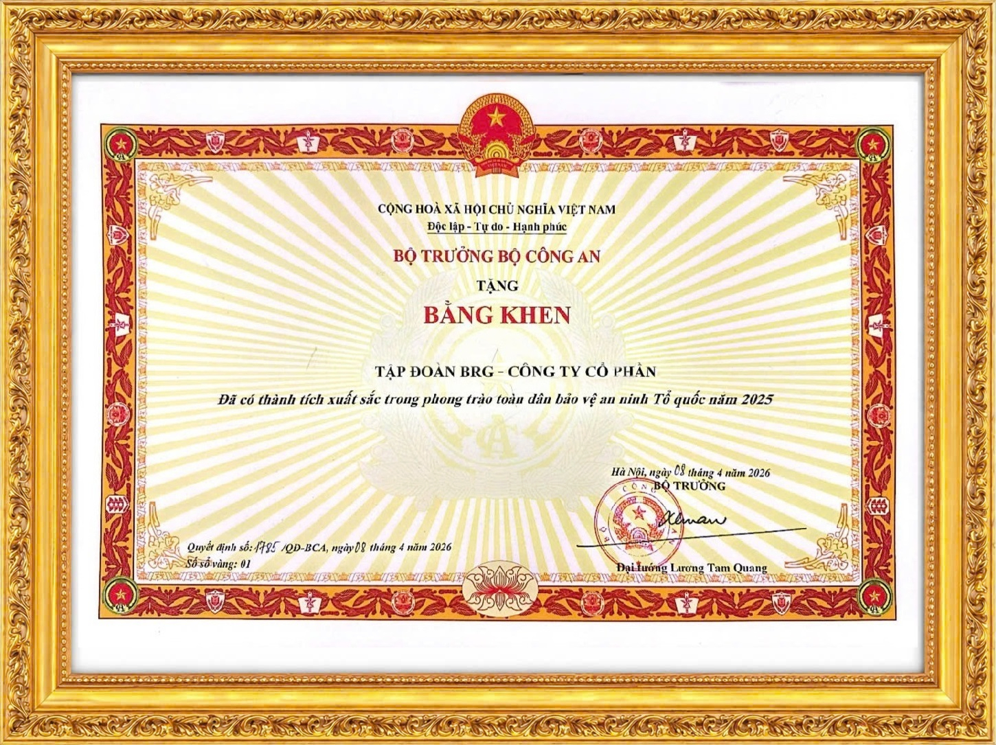 BRG vinh dự nhận Bằng khen của Bộ C&ocirc;ng an trong phong tr&agrave;o to&agrave;n d&acirc;n bảo vệ an ninh Tổ quốc - Ảnh 1.