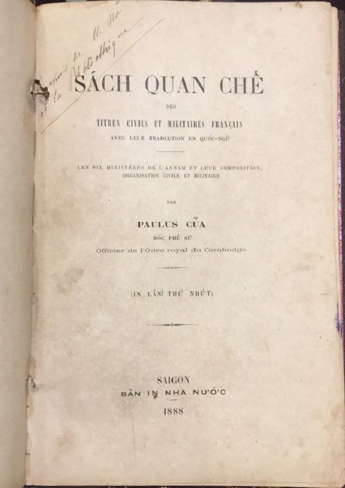 S&aacute;ch quan chế, Paulus Huỳnh Tịnh Của năm 1888