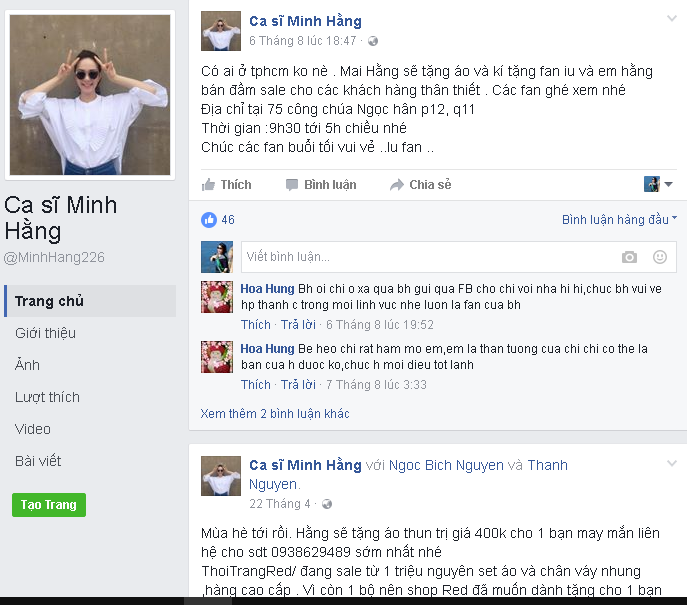 FB giả t&ecirc;n tuổi Minh Hằng để b&aacute;n h&agrave;ng, quảng c&aacute;o