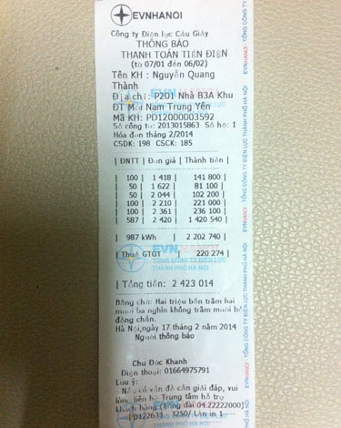 H&oacute;a đơn tiền điện th&aacute;ng 2 của hộ gia đ&igrave;nh &ocirc;ng Nguyễn Quang Th&agrave;nh (Ph&ograve;ng 201) l&ecirc;n đến 2.423.014 đồng