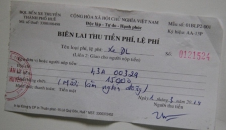 Bi&ecirc;n lai thu ph&iacute; do BQL Bến thuyền TP Huế thu