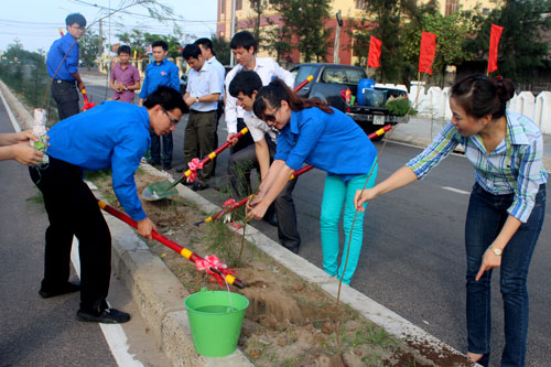 S&aacute;ng ng&agrave;y 18/5, Đo&agrave;n Thanh ni&ecirc;n Bộ Giao th&ocirc;ng tổ chức trồng c&acirc;y tại tuyến đường ven biển Hải Thịnh.