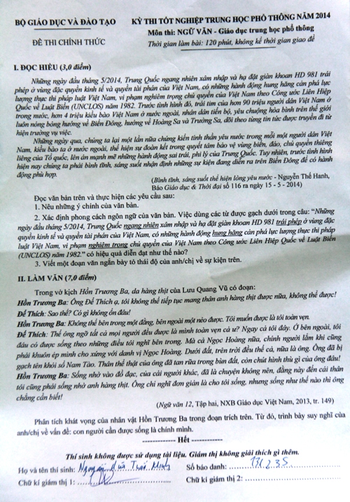  Đề thi tốt nghiệp THPT 2014 m&ocirc;n Ngữ văn (Ảnh: VTC News)