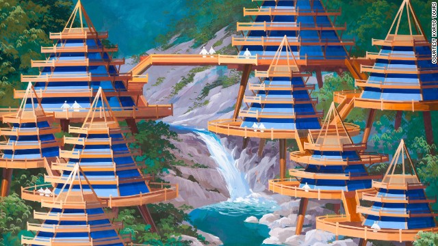 Phối cảnh một cụm c&aacute;c villa b&ecirc;n th&aacute;c nước tr&ecirc;n n&uacute;i Kumgang