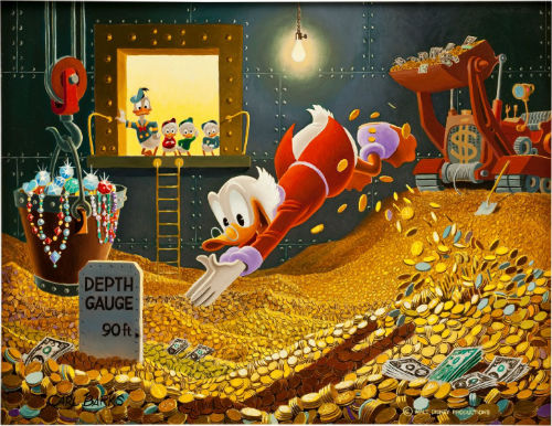 Đứng đầu danh sách là Scrooge McDuck, con vịt tỉ phú của Disney được biết qua việc trữ gia tài là những đồng vàng trong một “kho tiền” khổng lồ. Với giá vàng tăng 30% qua từng năm, giá trị tài sản của Scrooge McDuck được ước tính khoảng 65,4 tỉ USD.