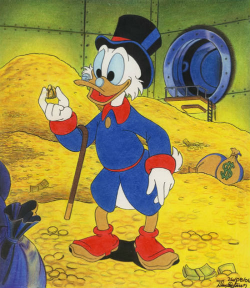 Nguồn tài sản của Scrooge McDuck là từ việc đào mỏ và các cuộc truy tìm kho báu. “Bác” vịt Scrooge nổi tiếng với tài kiếm tiền của mình: McDuck từng đánh nhau với một con gấu để giành lấy lọ mật ong trị giá 2 USD.
