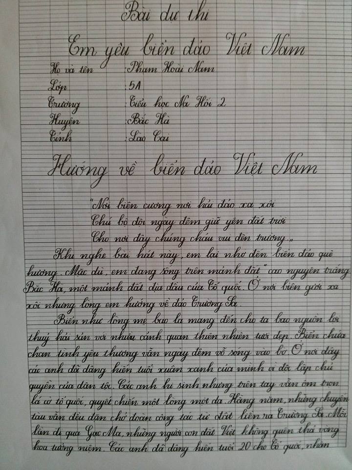 B&agrave;i dự thi với những n&eacute;t chữ rất đẹp của Ho&agrave;i Nam.