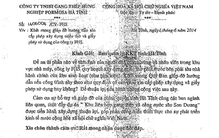 C&ocirc;ng văn của Formosa xin x&acirc;y dựng miếu thờ