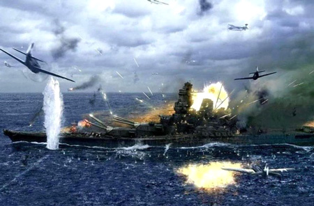 Trong suốt thời gian tồn tại v&agrave; tham chiến, Yamato lu&ocirc;n phải hứng chịu những đợt kh&ocirc;ng k&iacute;ch dữ dội như thế n&agrave;y.