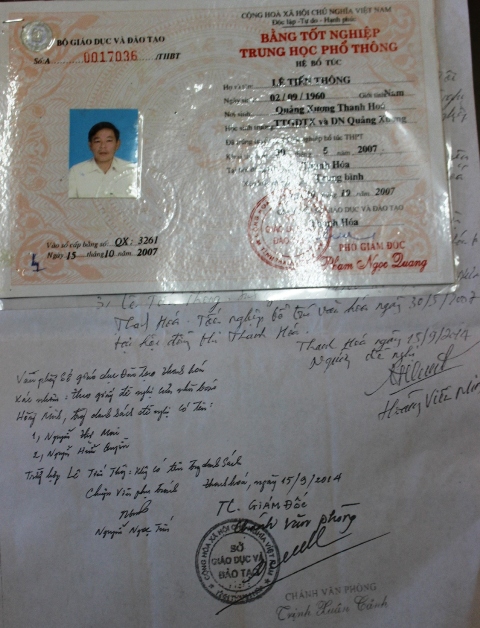 Bằng THPT của &ocirc;ng L&ecirc; Tiến Th&ocirc;ng kh&ocirc;ng c&oacute; trong danh s&aacute;ch của Sở GD&ĐT Thanh H&oacute;a quản l&yacute;