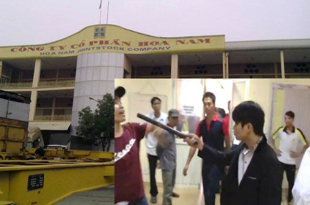 C&ocirc;ng ty Cổ phần Hoa Nam - nơi xảy ra vụ việc (ảnh lớn) v&agrave; cảnh nam thanh ni&ecirc;n xưng l&agrave; c&ocirc;ng an đ&aacute;nh anh Dũng (ảnh nhỏ cắt từ video)