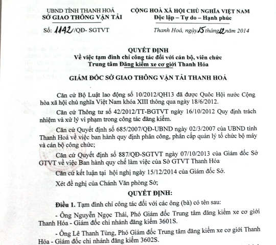 Quyết định tạm đ&igrave;nh chỉ c&ocirc;ng t&aacute;c đối với c&aacute;n bộ,đăng kiểm vi&ecirc;n thuộc Trung t&acirc;m đăng kiểm xe cơ giới Thanh H&oacute;a