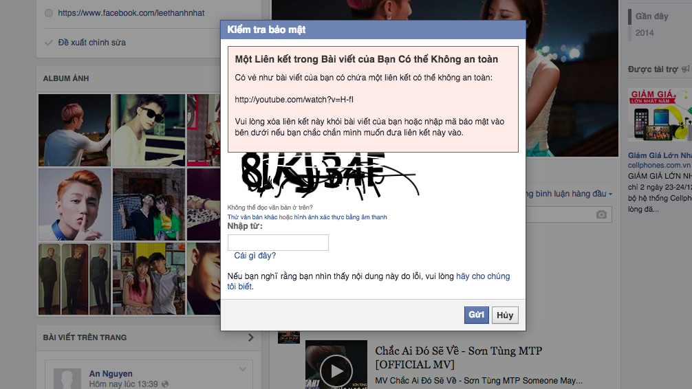 Th&ocirc;ng b&aacute;o của Facebook mỗi khi chia sẻ đường link MV 