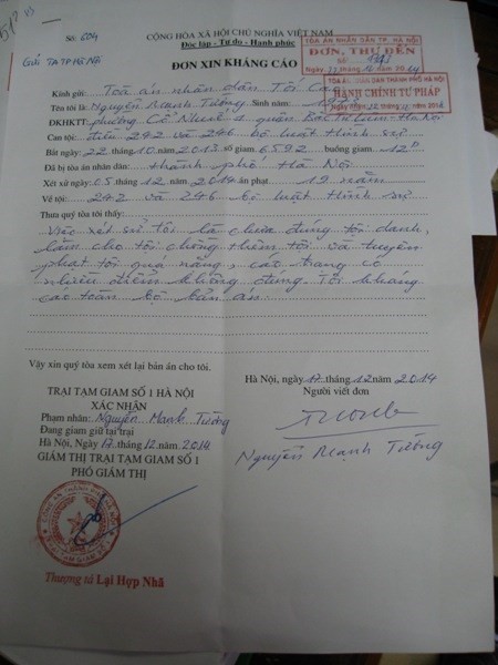 Trong đơn kh&aacute;ng c&aacute;o, Tường cho rằng T&ograve;a đ&atilde; xử bị c&aacute;o qu&aacute; nặng, l&agrave;m tội chồng th&ecirc;m tội