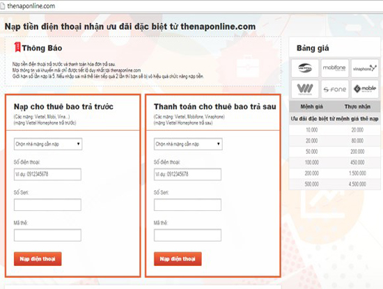  Trang nạp thẻ giả mạo do kẻ xấu tạo ra c&oacute; logo của c&aacute;c nh&agrave; mạng nhằm tăng độ tin cậy (Ảnh: Whitehat.vn)