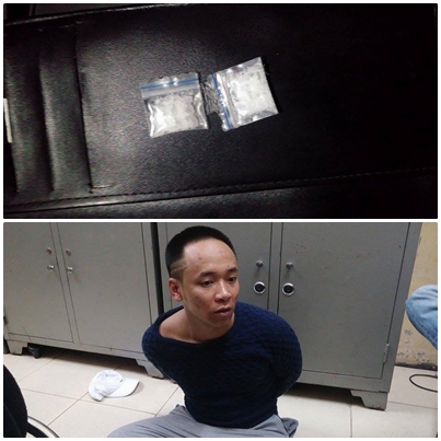 Đối tượng Đặng Quốc Dũng c&ugrave;ng tang vật tại chốt kiểm tra 141.