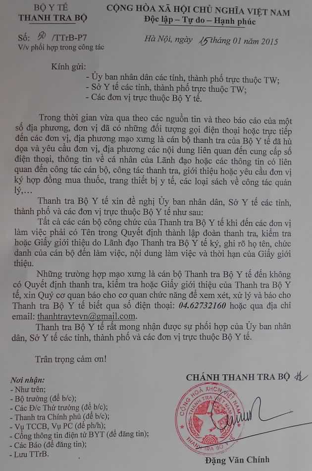 Thanh tra Bộ Y tế đưa ra c&ocirc;ng văn cảnh b&aacute;o.