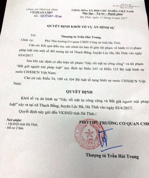 Quyết định khởi tố vụ &aacute;n h&igrave;nh sự