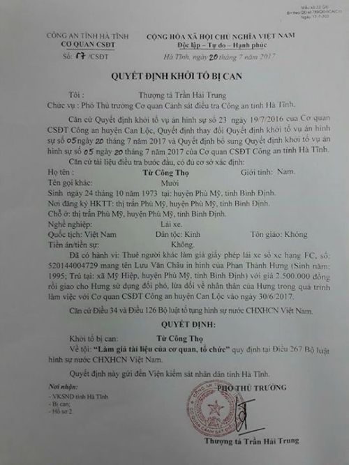 Quyết định khởi tố bị can với Từ C&ocirc;ng Thọ