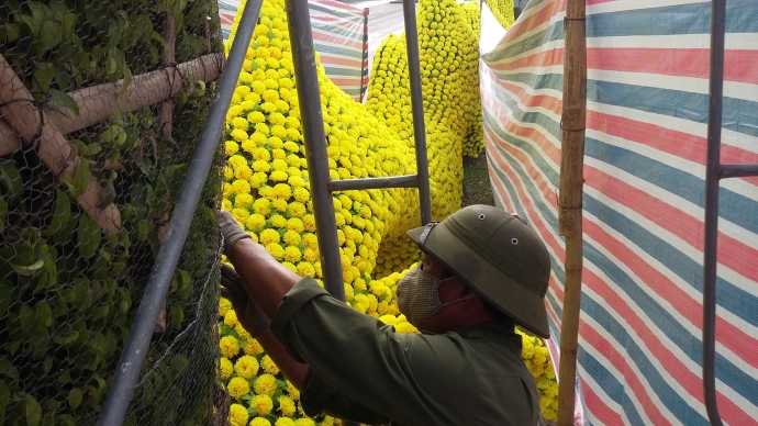 C&ocirc;ng nh&acirc;n th&aacute;o dỡ hoa gắn tr&ecirc;n rồng lạ