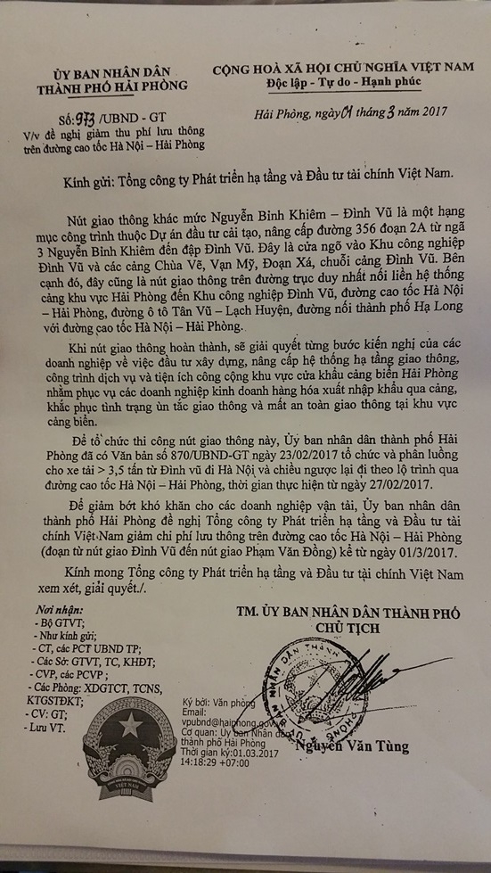 C&ocirc;ng văn của UBND Tp Hải Ph&ograve;ng