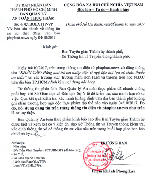 V&agrave;n bản của Ban ATTP TP HCM