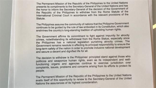 H&igrave;nh ảnh chụp bức thư th&ocirc;ng b&aacute;o r&uacute;t khỏi ICC