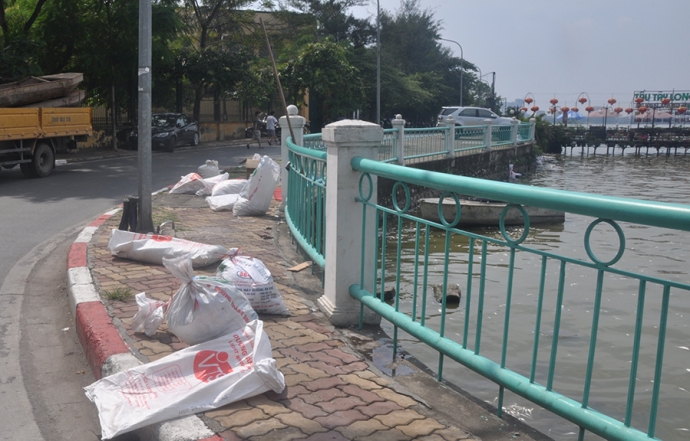 6. C&aacute;c bao tải dứa chứa c&aacute; chết nằm la liệt b&ecirc;n bờ