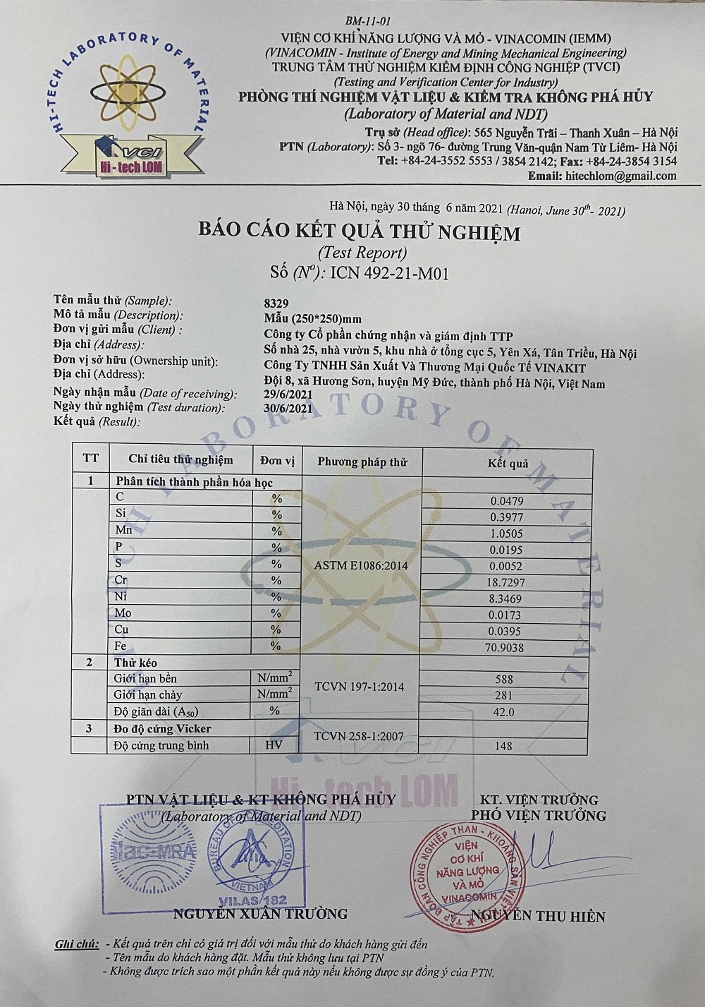 inox vinakit san pham tu bep dau tien duoc cap giay chung nhan dat chuan inox 304 astm cua hiep hoi vat lieu va thu nghiem hoa ky