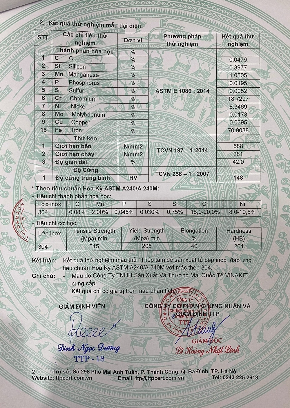 inox vinakit san pham tu bep dau tien duoc cap giay chung nhan dat chuan inox 304 astm cua hiep hoi vat lieu va thu nghiem hoa ky