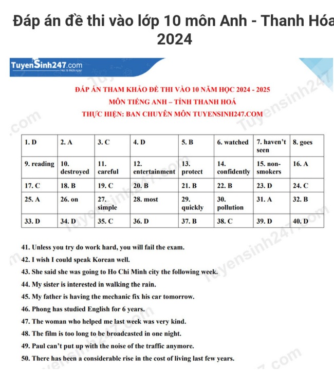 Đ&aacute;p &aacute;n đề thi tuyển sinh lớp 10 m&ocirc;n Tiếng Anh Thanh H&oacute;a năm 2024- Ảnh 2.