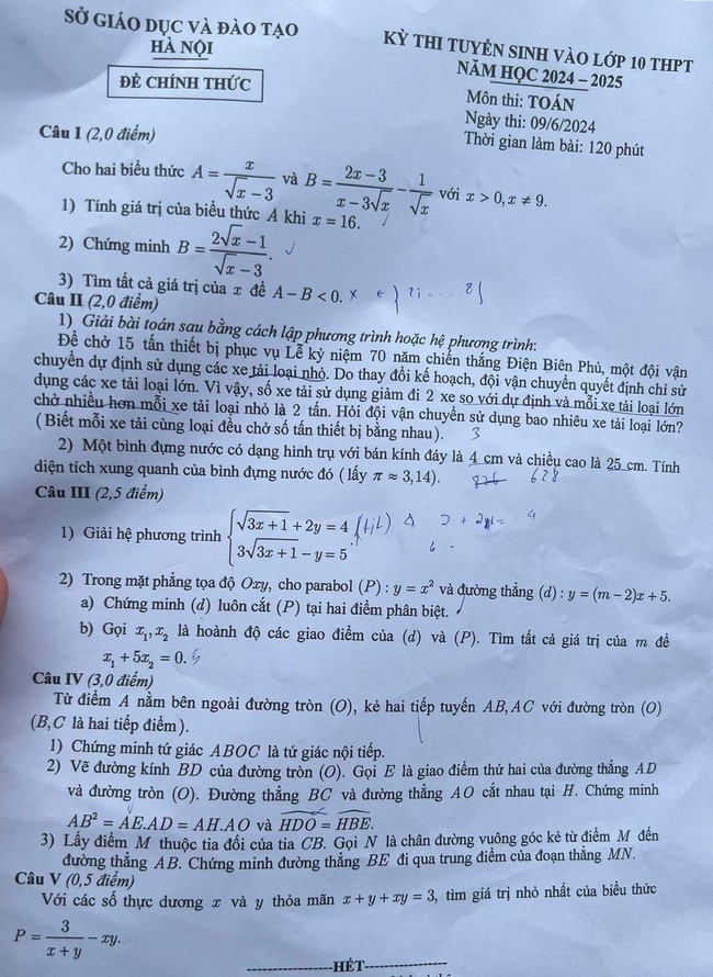 Đ&aacute;p &aacute;n đề thi m&ocirc;n To&aacute;n tuyển sinh v&agrave;o lớp 10 H&agrave; Nội năm 2024- Ảnh 3.