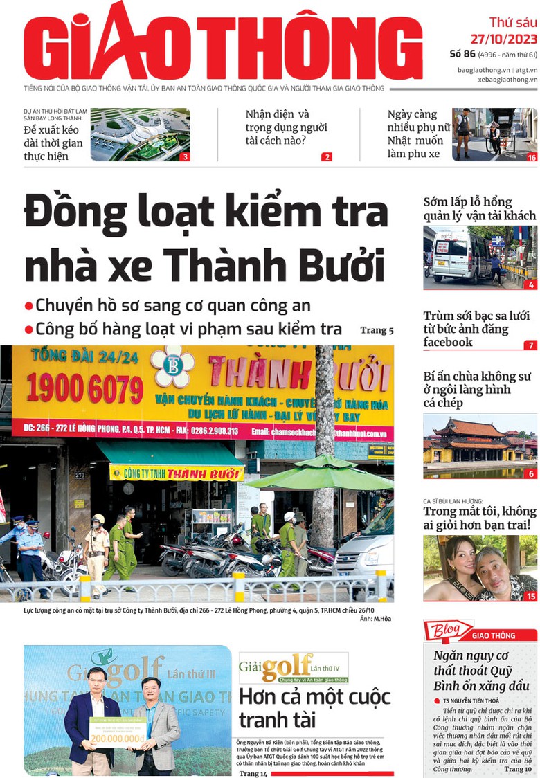 Trang nhất B&aacute;o Giao th&ocirc;ng số 86 ra ng&agrave;y 27/10/2023.