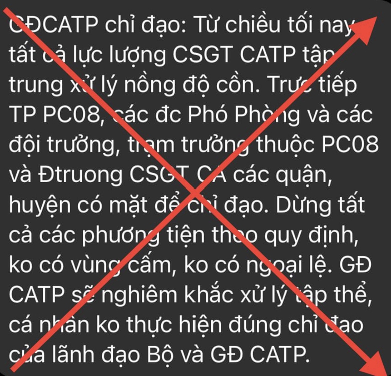 Th&ocirc;ng tin Gi&aacute;m đốc CATP chỉ đạo "chiều tối nay ra qu&acirc;n xử l&yacute; vi phạm nồng độ cồn" l&agrave; giả - Ảnh 1.