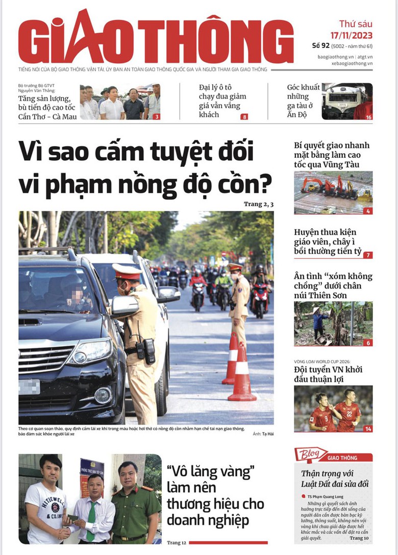Trang nhất B&aacute;o Giao th&ocirc;ng số 92 ra ng&agrave;y 17/11/2023.