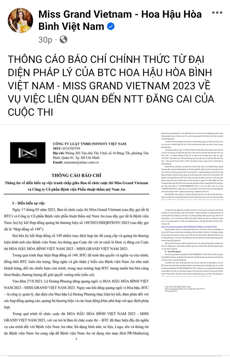 Ph&iacute;a Miss Grand Vietnam trả lời đ&atilde; ho&agrave;n thiện nội dung hợp đồng với Nam An - Ảnh 1.
