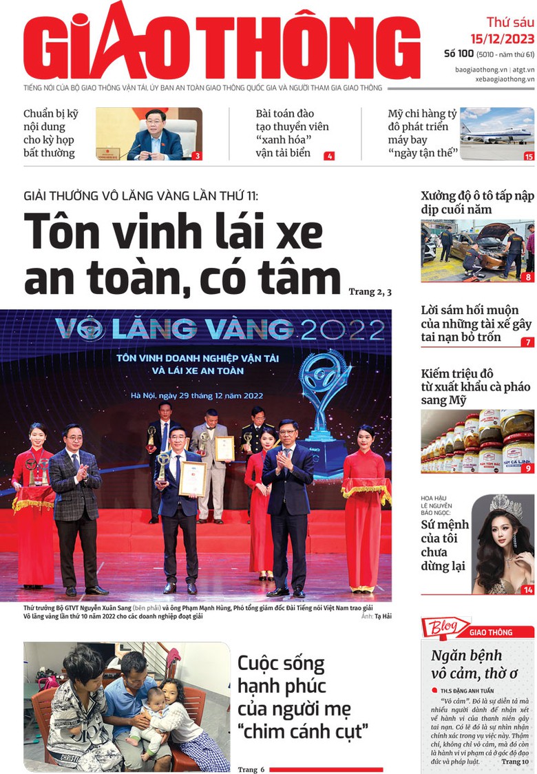 Trang nhất B&aacute;o Giao th&ocirc;ng số 100 ra ng&agrave;y 15/12/2023.