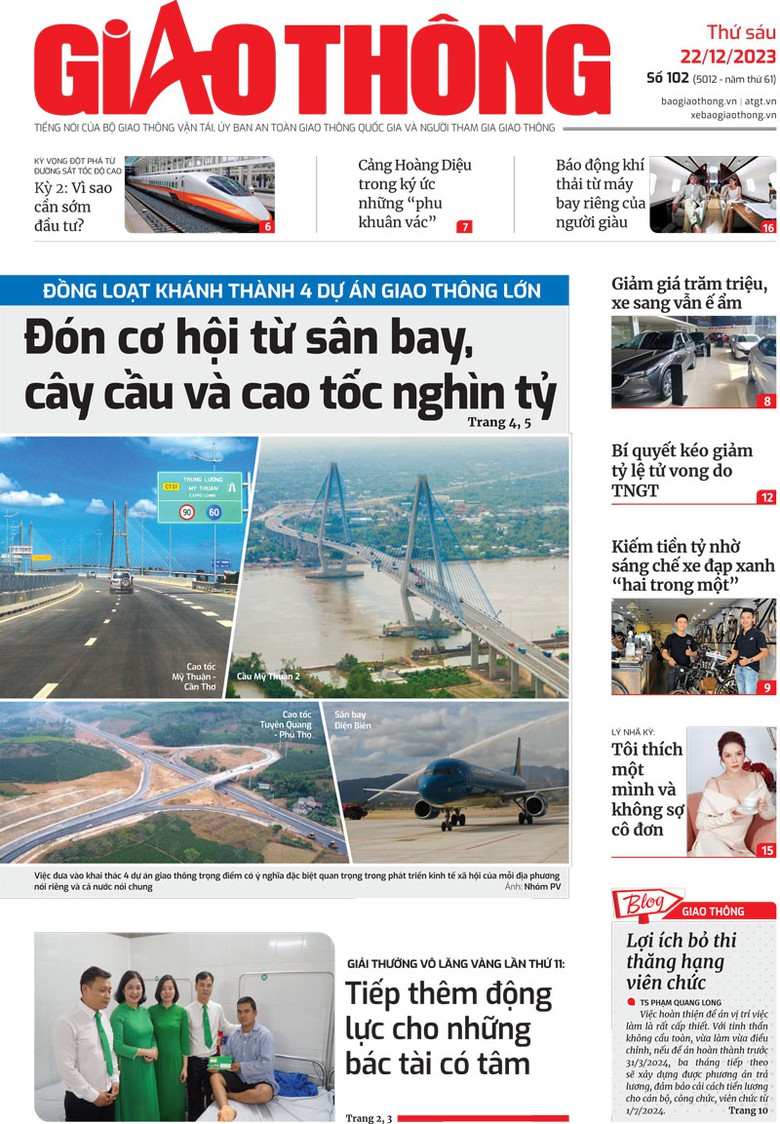 Trang nhất B&aacute;o Giao th&ocirc;ng số 102 ra ng&agrave;y 22/12/2023.