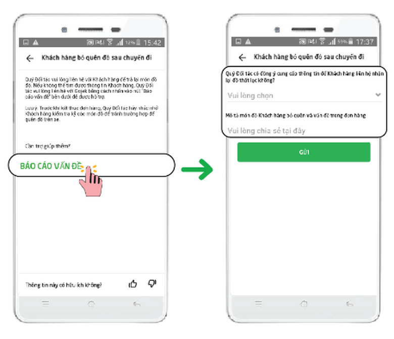 T&agrave;i xế Gojek c&oacute; thể dễ d&agrave;ng y&ecirc;u cầu trợ gi&uacute;p ngay tr&ecirc;n ứng dụng &rlm;&lrm;&rlm;khi kh&aacute;ch h&agrave;ng để qu&ecirc;n đồ sau chuyến đi.