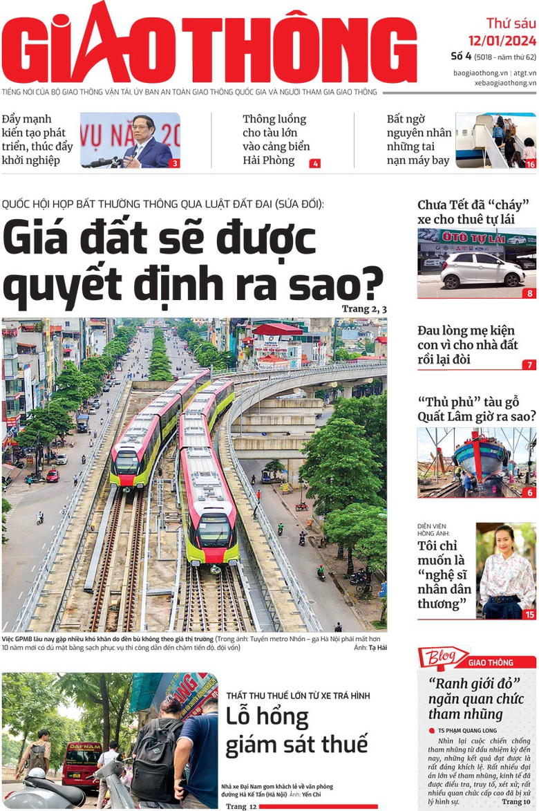 Trang nhất B&aacute;o Giao th&ocirc;ng số 4 ra ng&agrave;y 12/1/2024.